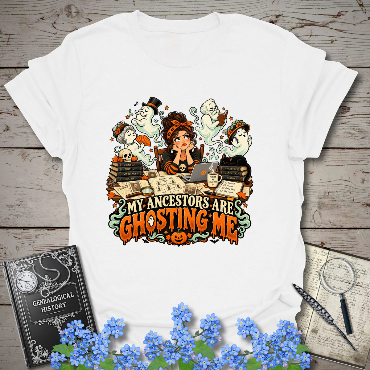 My Ancestors Are Ghosting Me Halloween T-Shirt - Genealogy Keepsakes Custom Genealogy Gift - S White