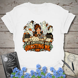 My Ancestors Are Ghosting Me Halloween T-Shirt - Genealogy Keepsakes Custom Genealogy Gift - S White