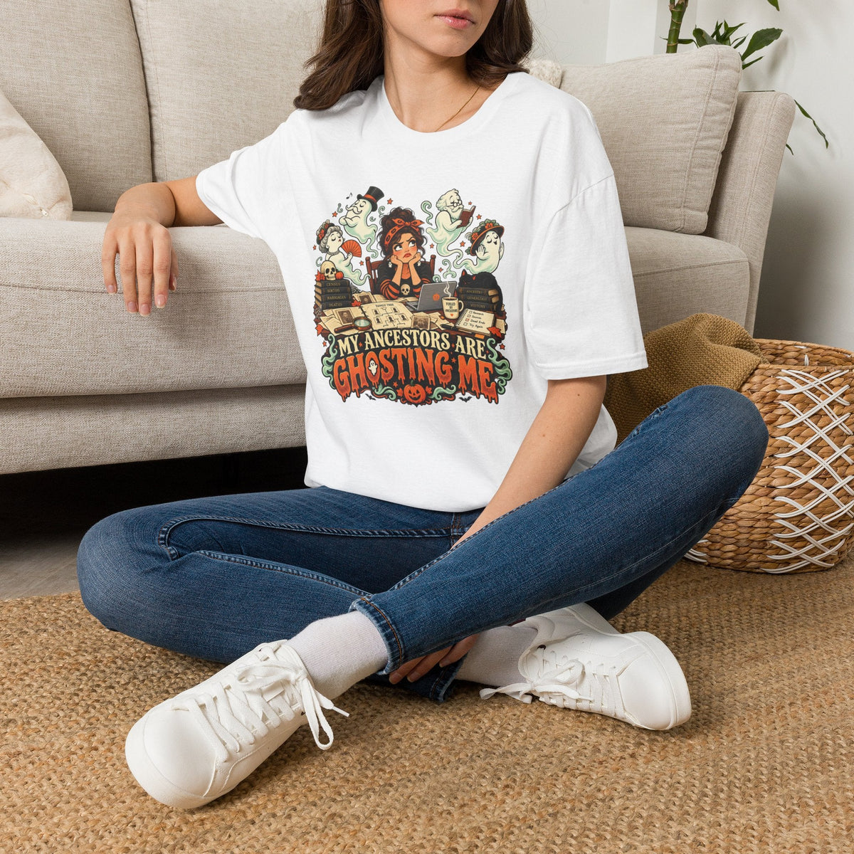 My Ancestors Are Ghosting Me Halloween T-Shirt - Genealogy Keepsakes Custom Genealogy Gift - S White