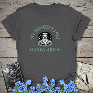 My Blood Type? Genealogy+ T-Shirt in Charcoal by Genealogy Keepsakes