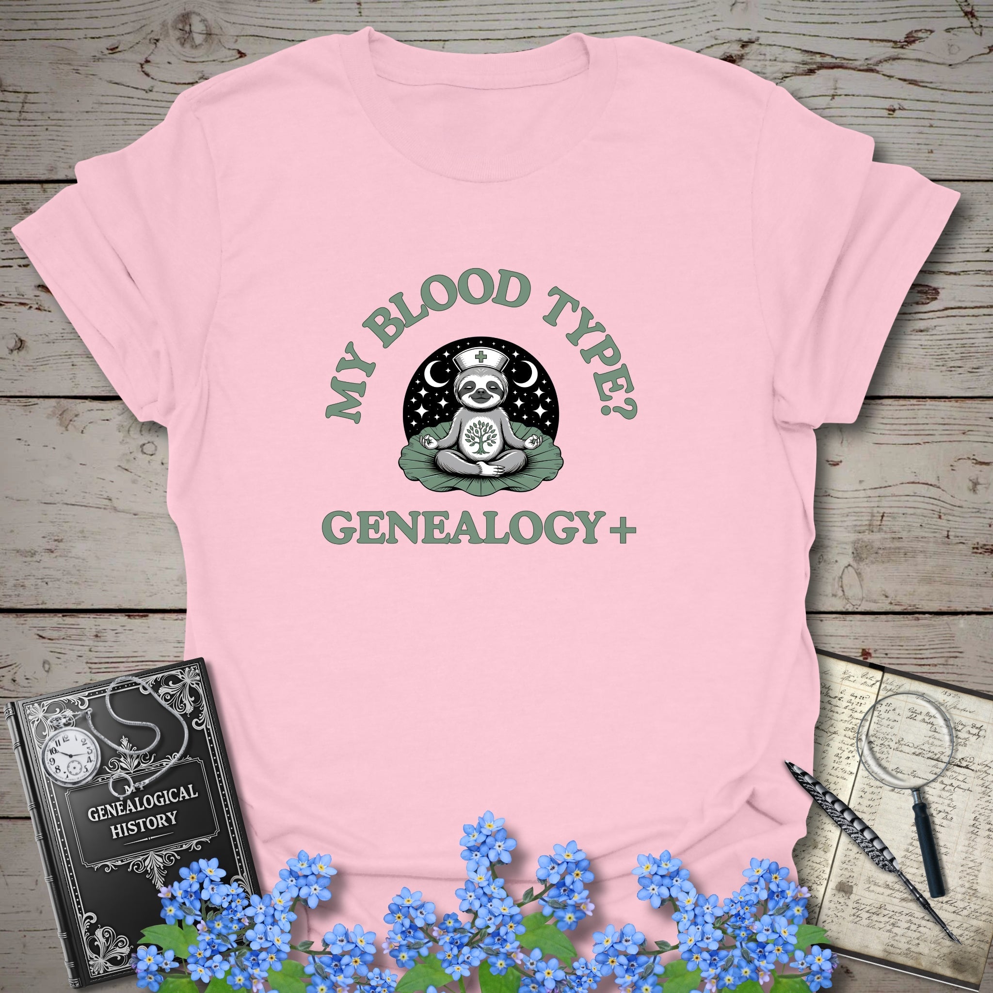 My Blood Type? Genealogy+ T-Shirt in Light Pink by Genealogy Keepsakes