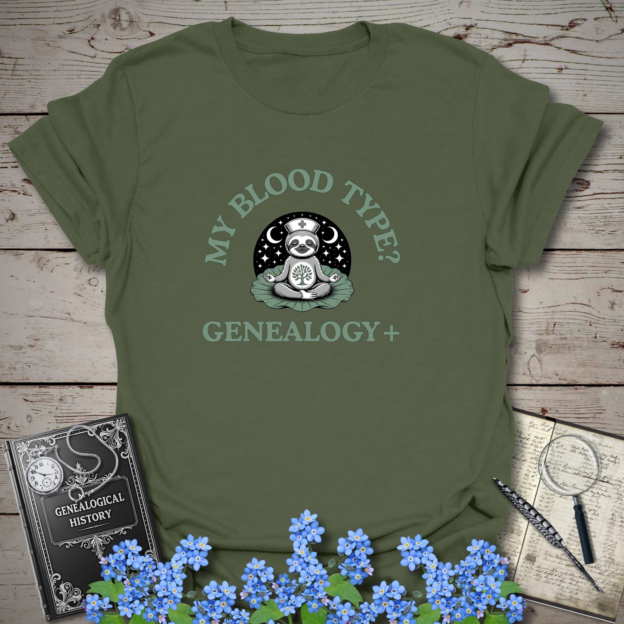 My Blood Type? Genealogy+ T-Shirt in Military Green by Genealogy Keepsakes