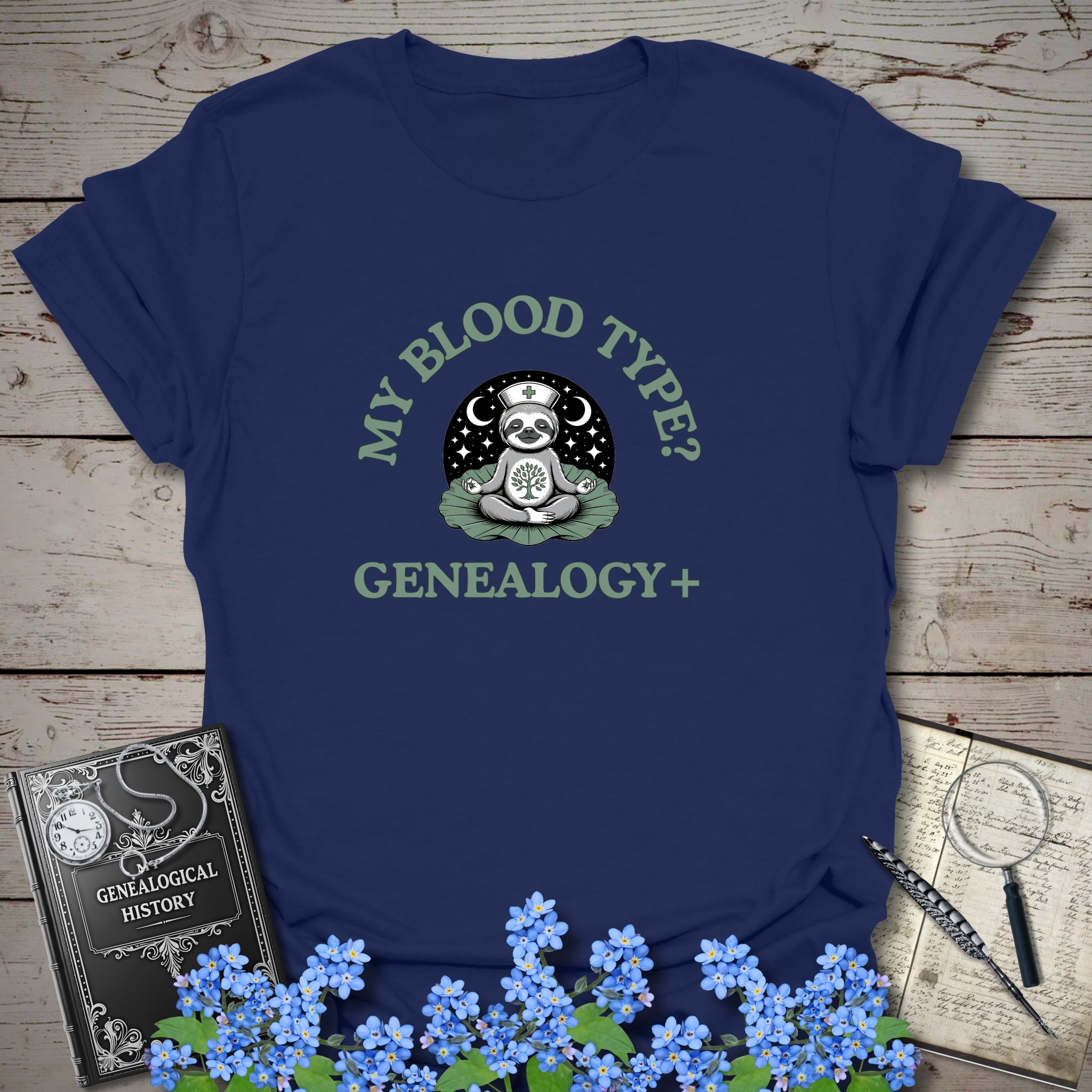 My Blood Type? Genealogy+ T-Shirt in Navy by Genealogy Keepsakes