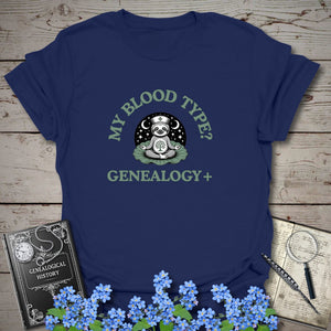 My Blood Type? Genealogy+ T-Shirt in Navy by Genealogy Keepsakes