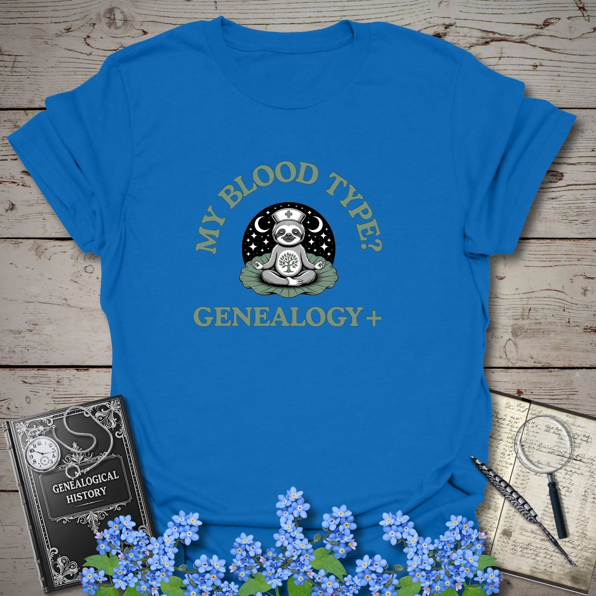 My Blood Type? Genealogy+ T-Shirt in Royal by Genealogy Keepsakes