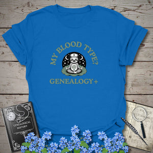 My Blood Type? Genealogy+ T-Shirt in Royal by Genealogy Keepsakes