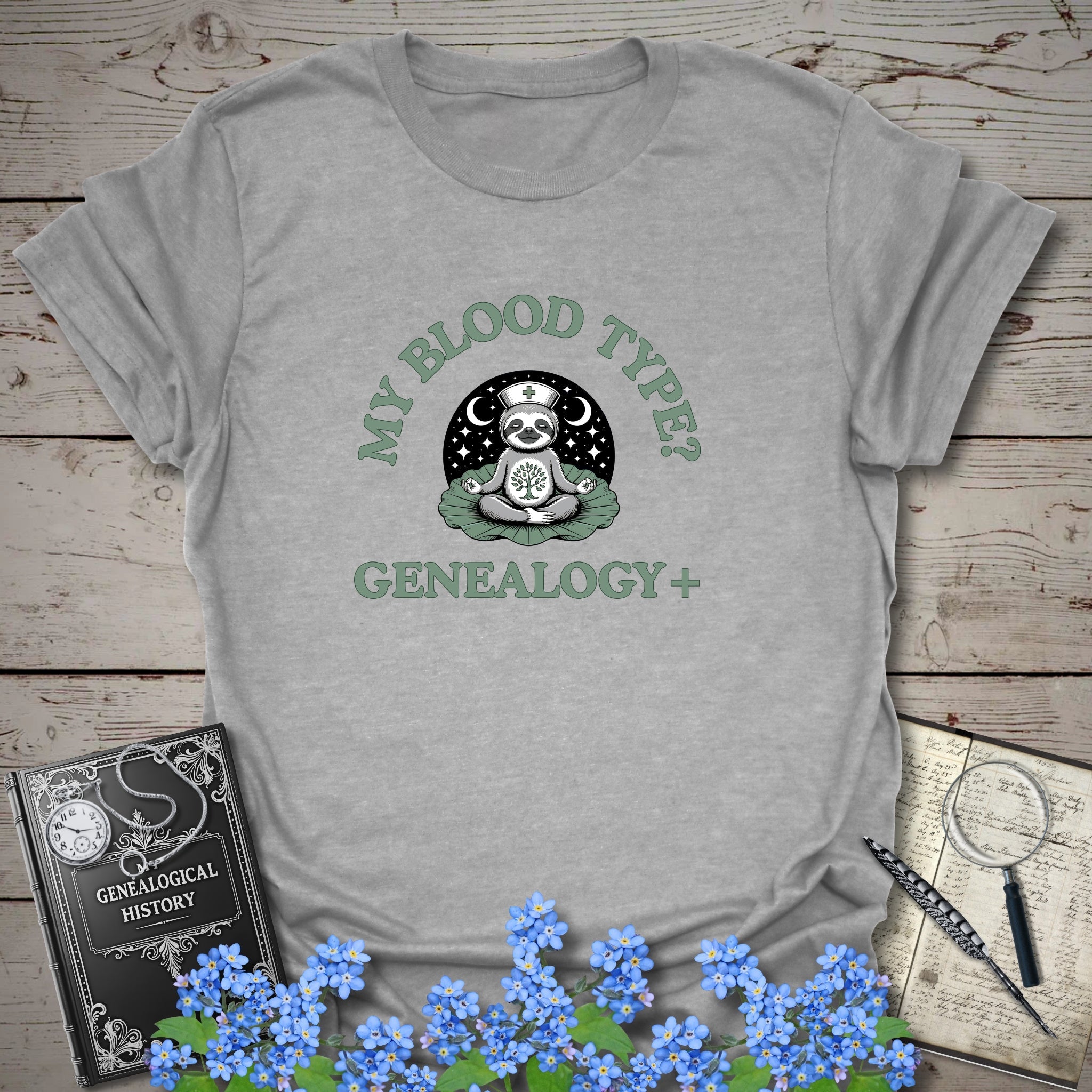 My Blood Type? Genealogy+ T-Shirt in Sport Grey by Genealogy Keepsakes
