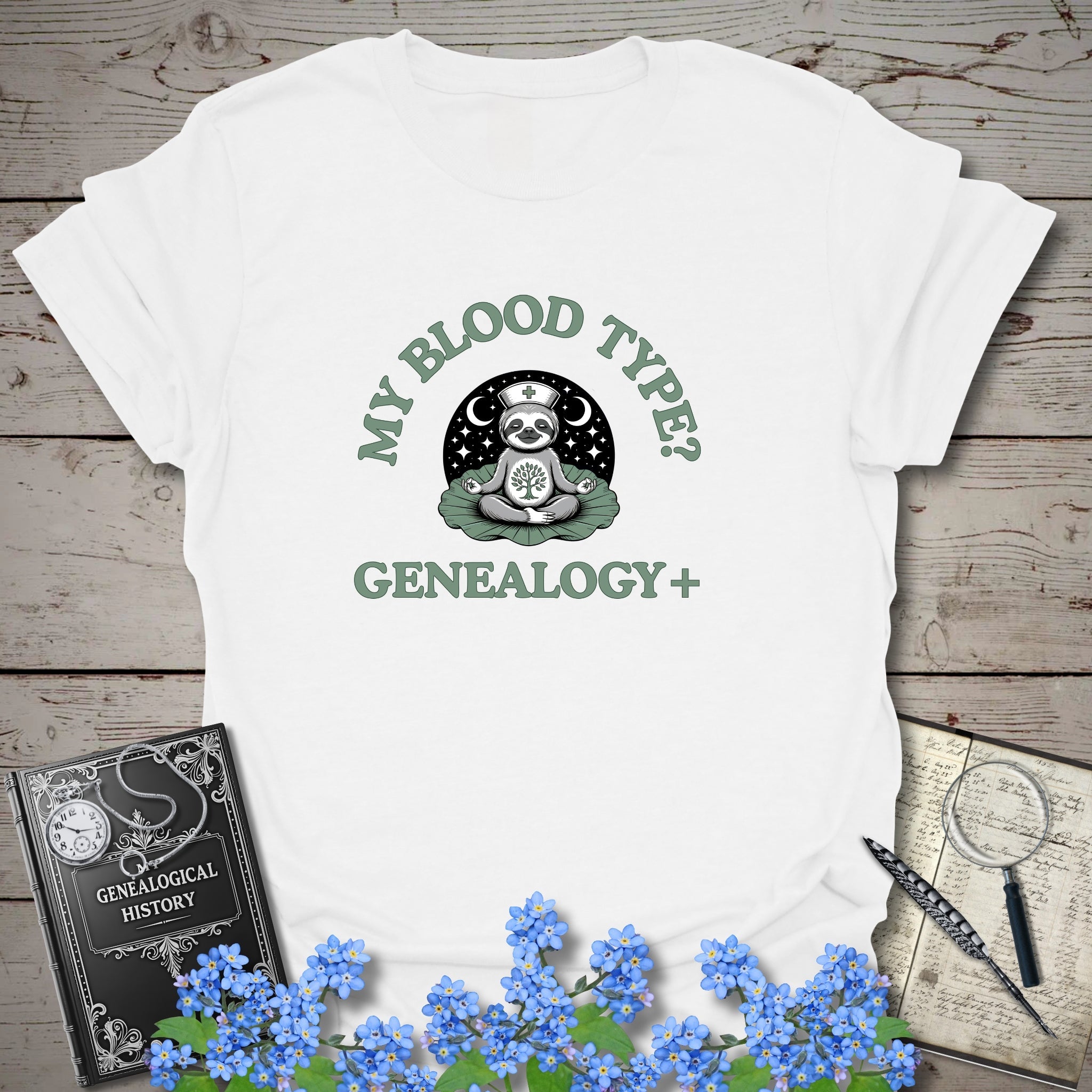 My Blood Type? Genealogy+ T-Shirt in White by Genealogy Keepsakes