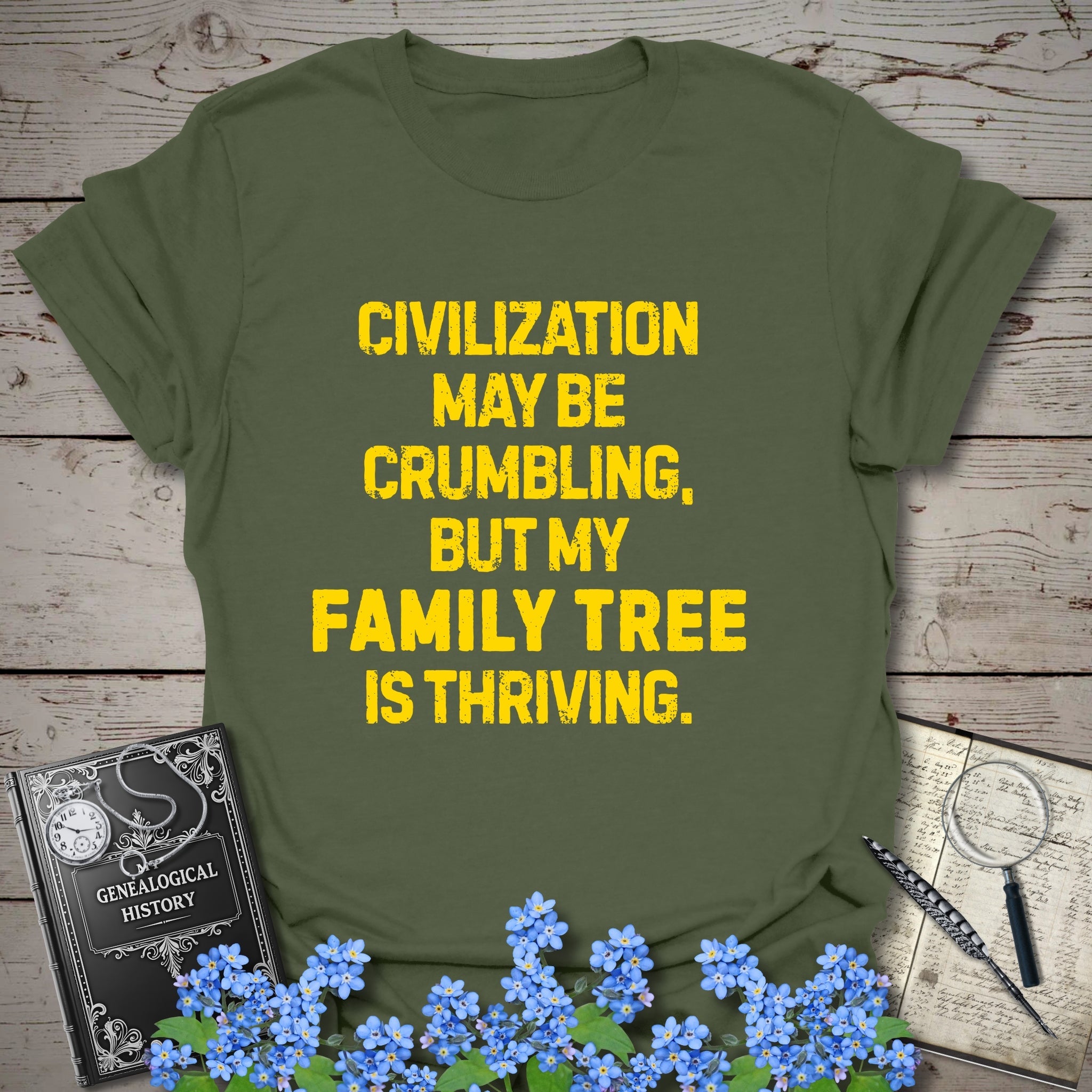 My Family Tree Is Thriving T-Shirt in Military Green by Genealogy Keepsakes