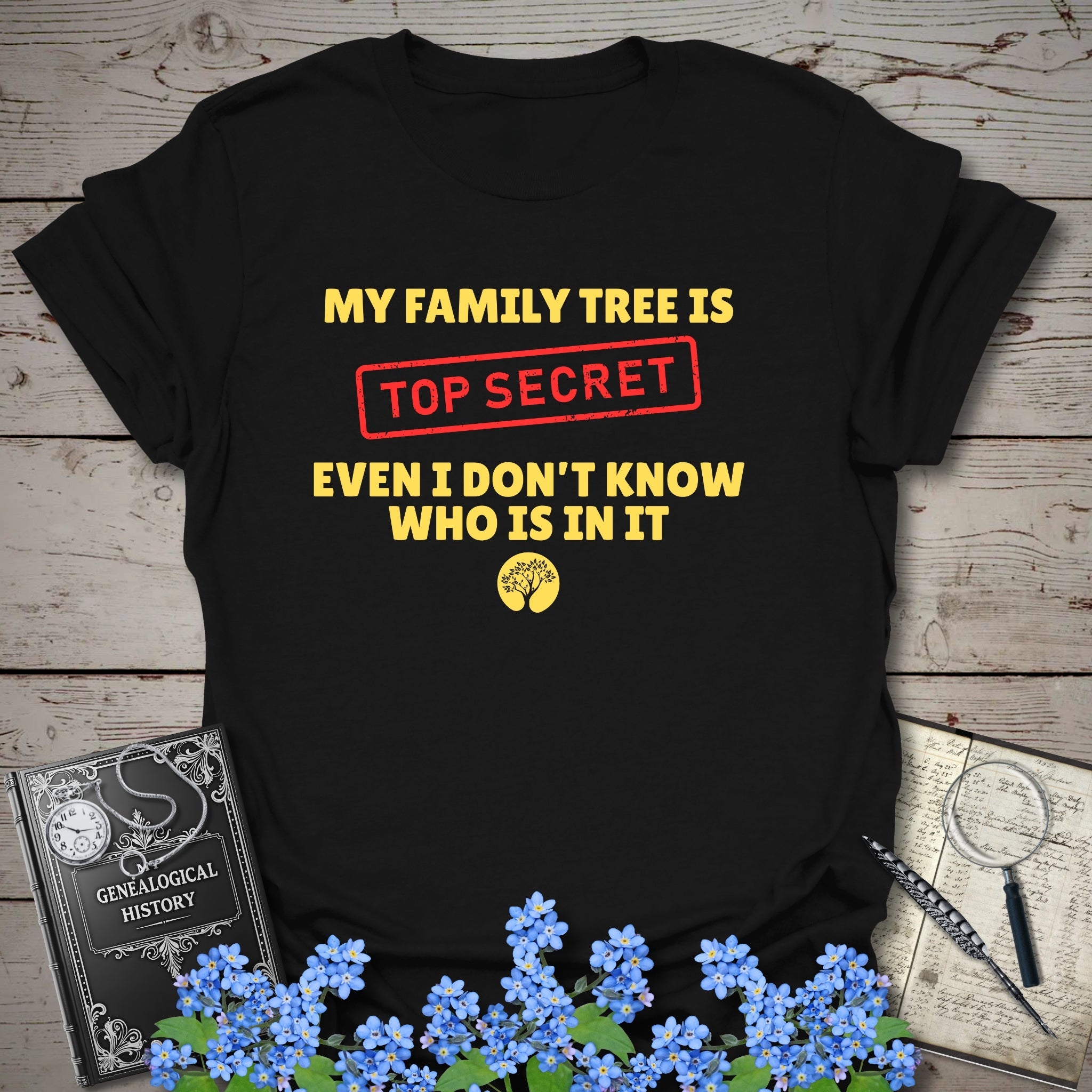 My Family Tree Is Top Secret T-Shirt in Black by Genealogy Keepsakes
