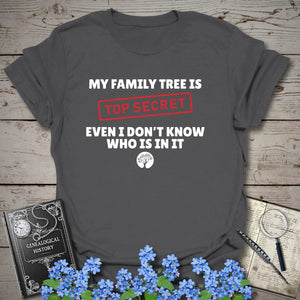 My Family Tree Is Top Secret T-Shirt in Charcoal by Genealogy Keepsakes