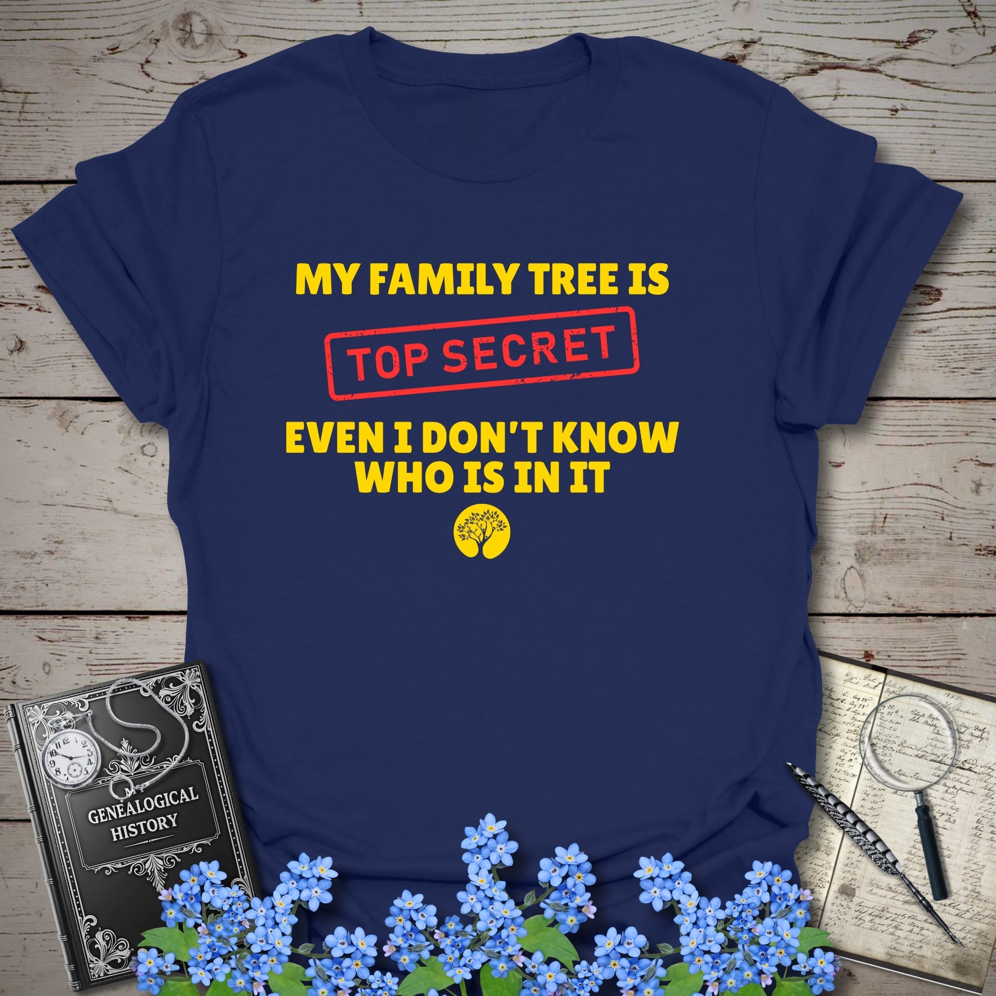 My Family Tree Is Top Secret T-Shirt in Navy by Genealogy Keepsakes