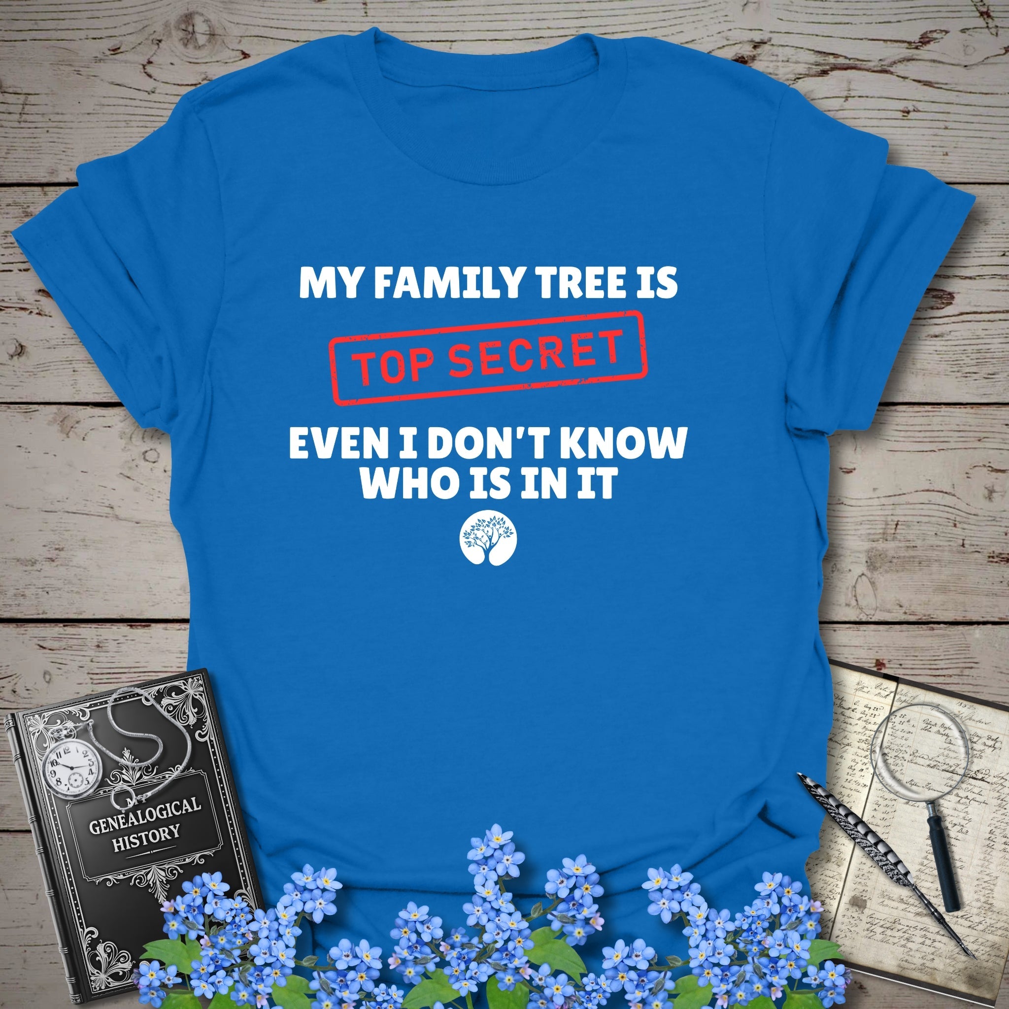 My Family Tree Is Top Secret T-Shirt in Royal by Genealogy Keepsakes