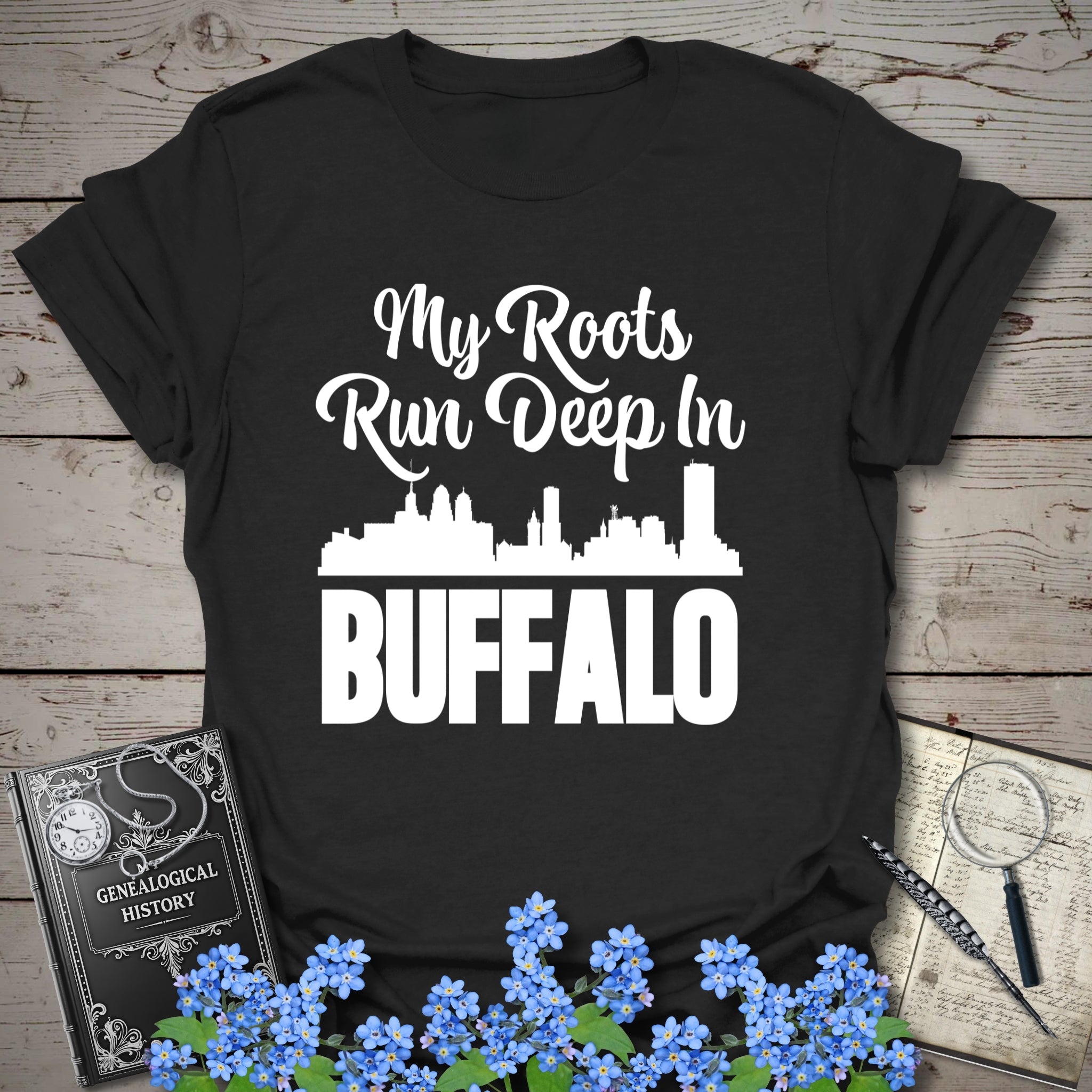 My Roots Run Deep In Buffalo T-Shirt in Black by Genealogy Keepsakes