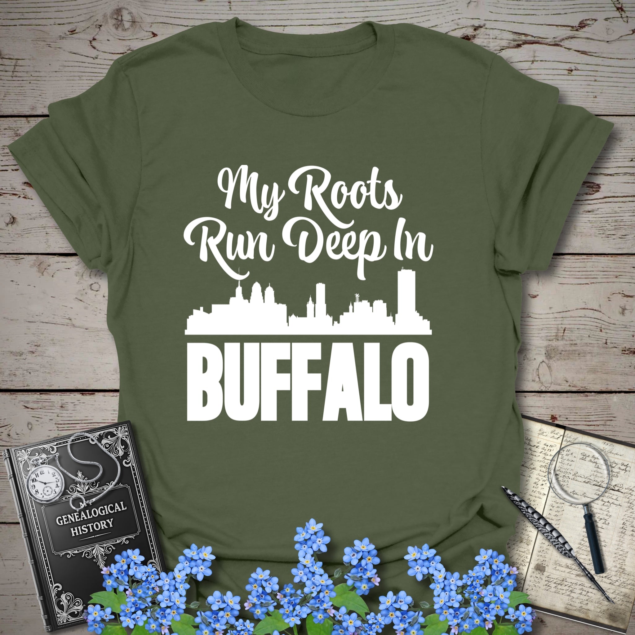 My Roots Run Deep In Buffalo T-Shirt in Military Green by Genealogy Keepsakes