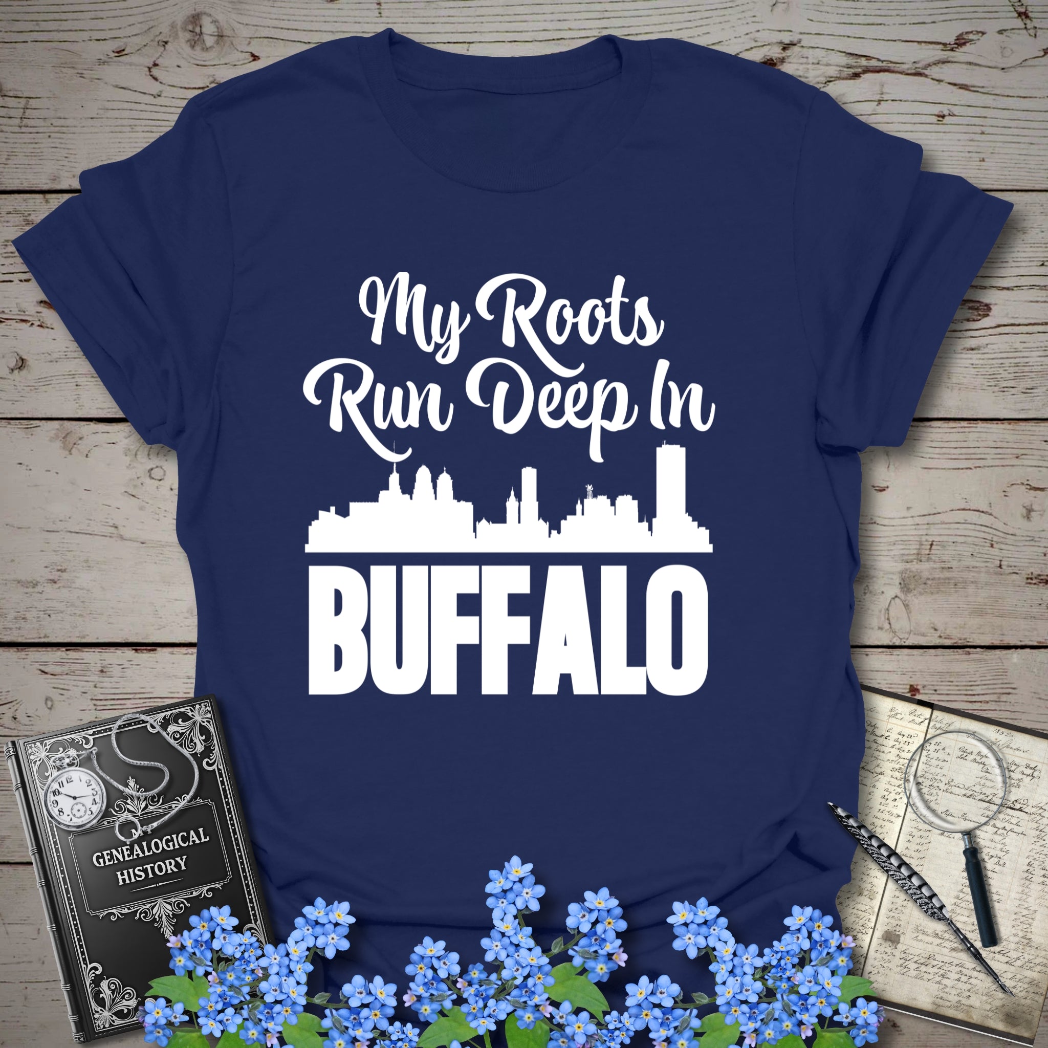My Roots Run Deep In Buffalo T-Shirt in Navy by Genealogy Keepsakes