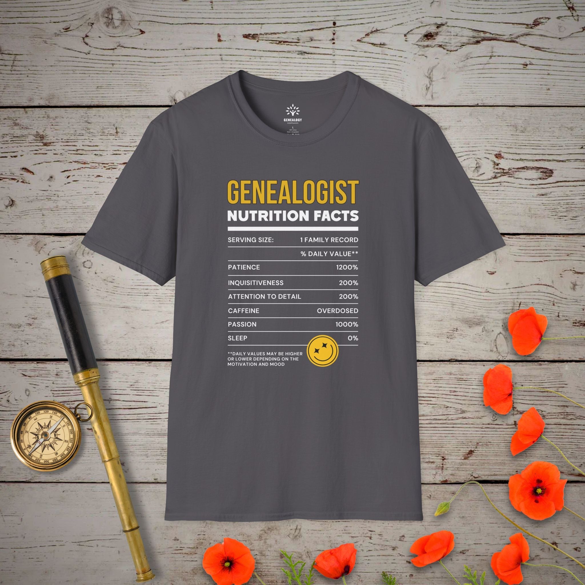 Nutrition Facts T-Shirt in Charcoal by Genealogy Keepsakes