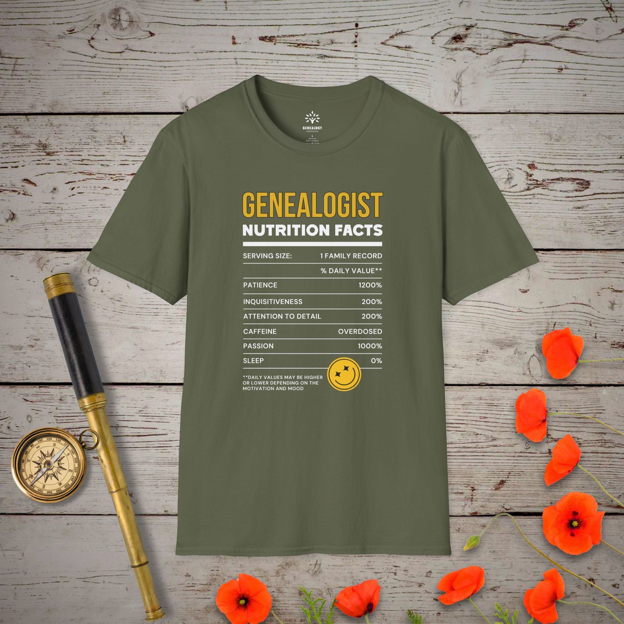 Nutrition Facts T-Shirt in Military Green by Genealogy Keepsakes