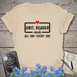 Obit. Reader Mode T-Shirt in Sand by Genealogy Keepsakes