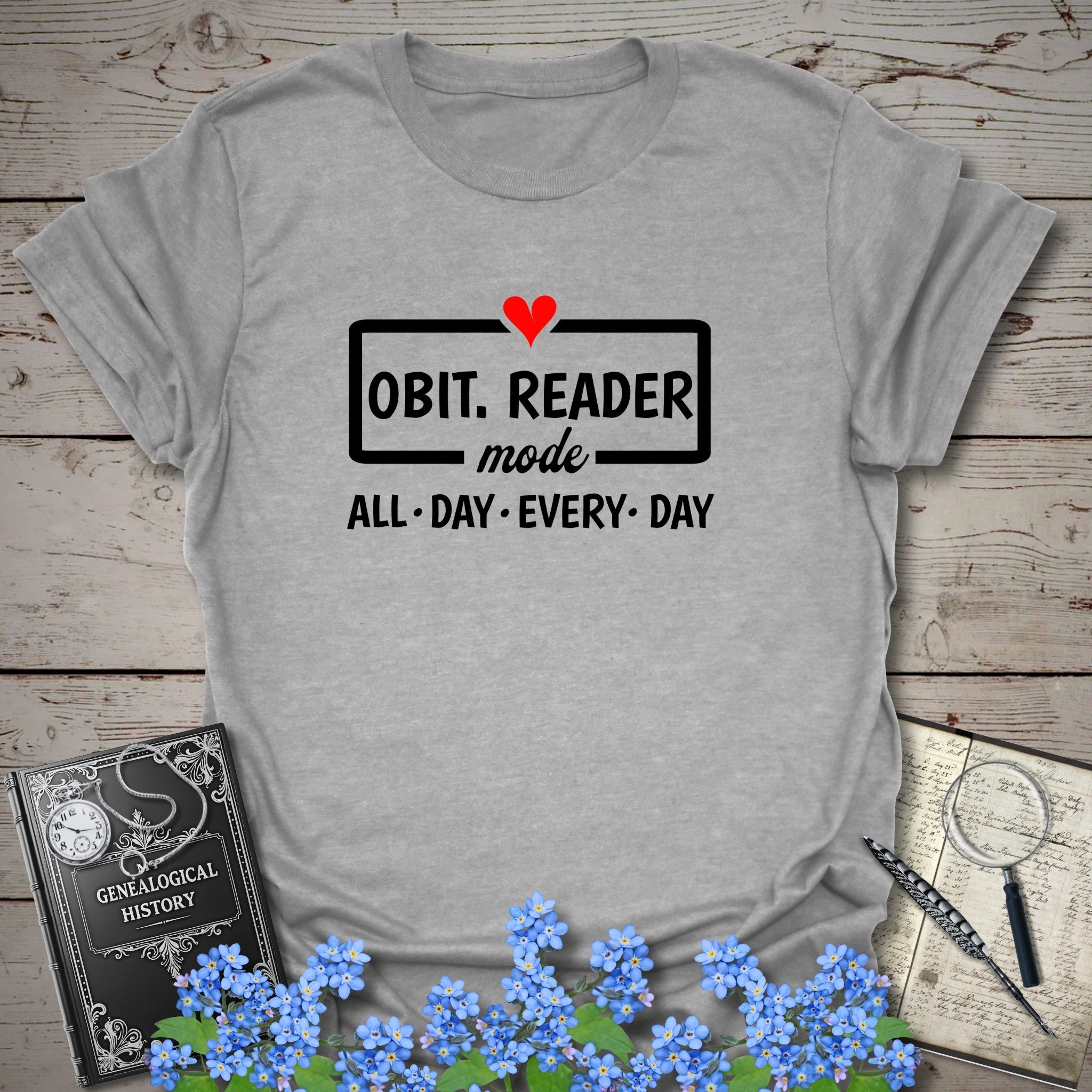 Obit. Reader Mode T-Shirt in Sport Grey by Genealogy Keepsakes
