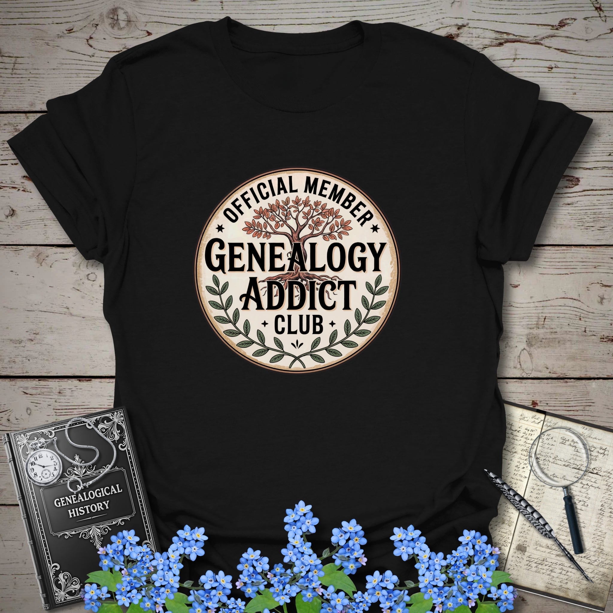 Official Member Genealogy Addict Club T-Shirt in Black by Genealogy Keepsakes