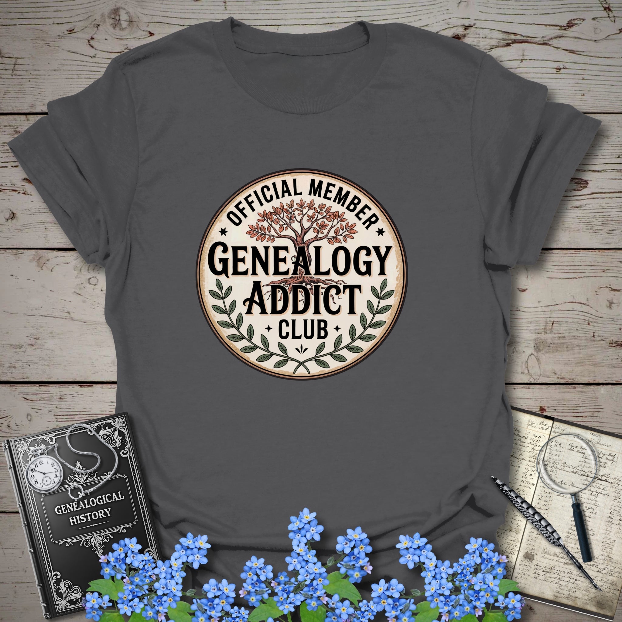 Official Member Genealogy Addict Club T-Shirt in Charcoal by Genealogy Keepsakes