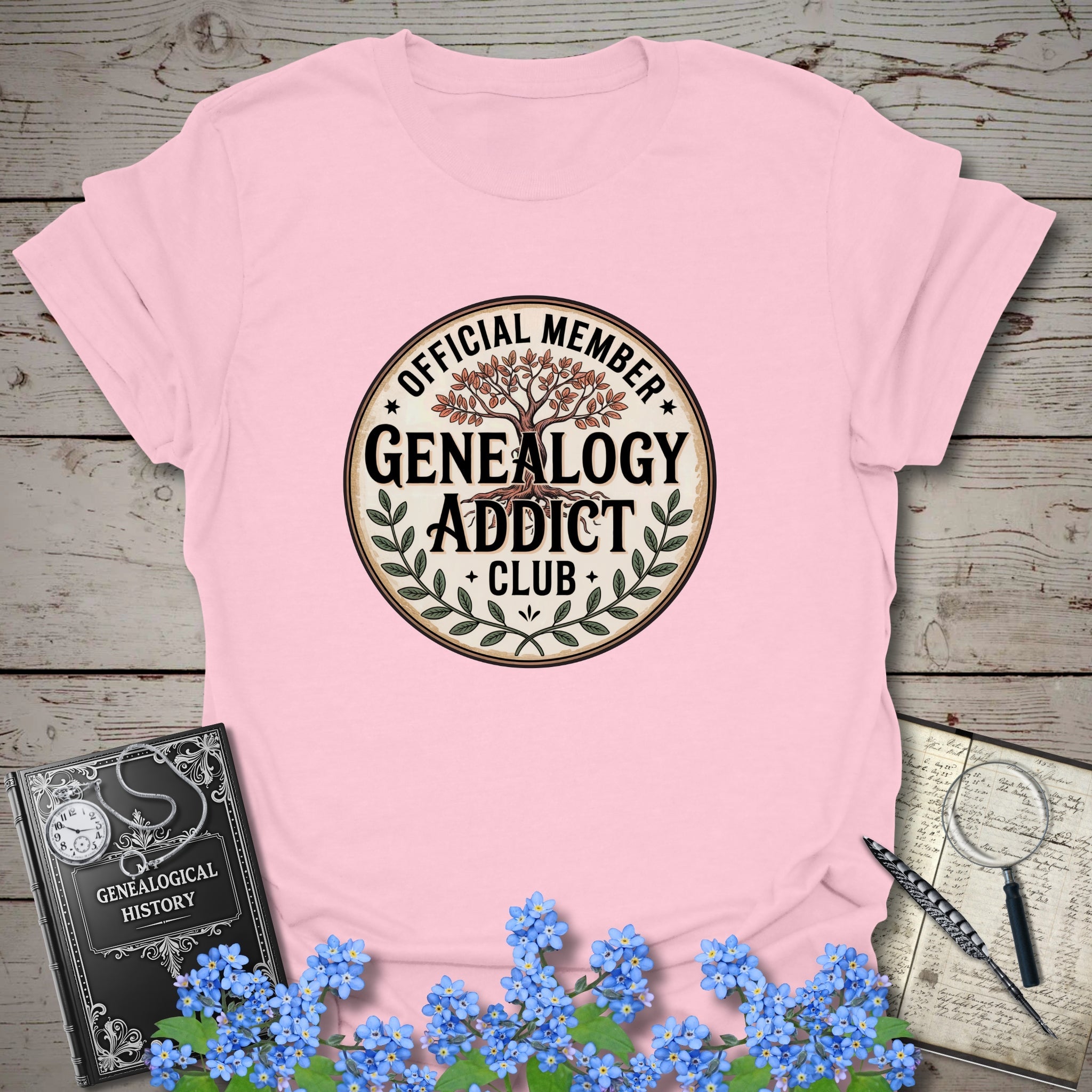 Official Member Genealogy Addict Club T-Shirt in Light Pink by Genealogy Keepsakes