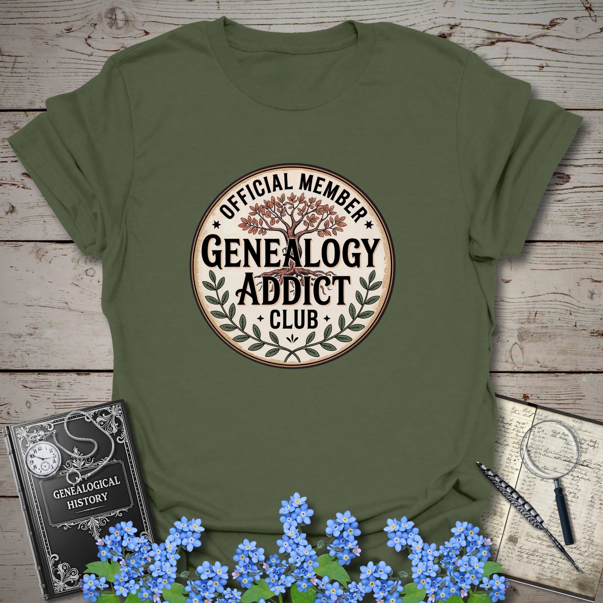 Official Member Genealogy Addict Club T-Shirt in Military Green by Genealogy Keepsakes
