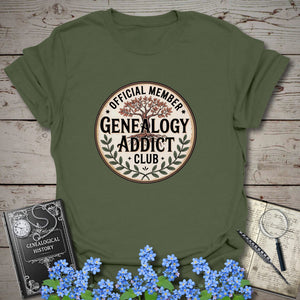 Official Member Genealogy Addict Club T-Shirt in Military Green by Genealogy Keepsakes