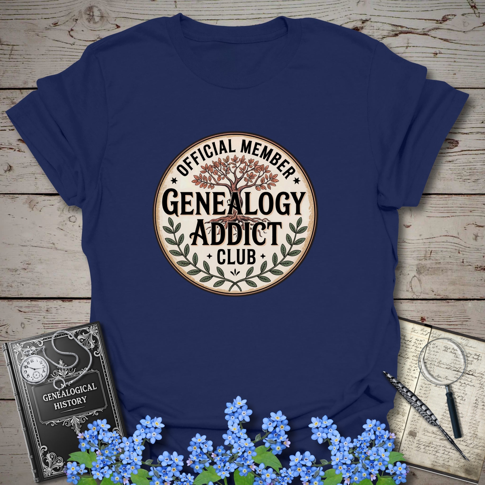Official Member Genealogy Addict Club T-Shirt in Navy by Genealogy Keepsakes