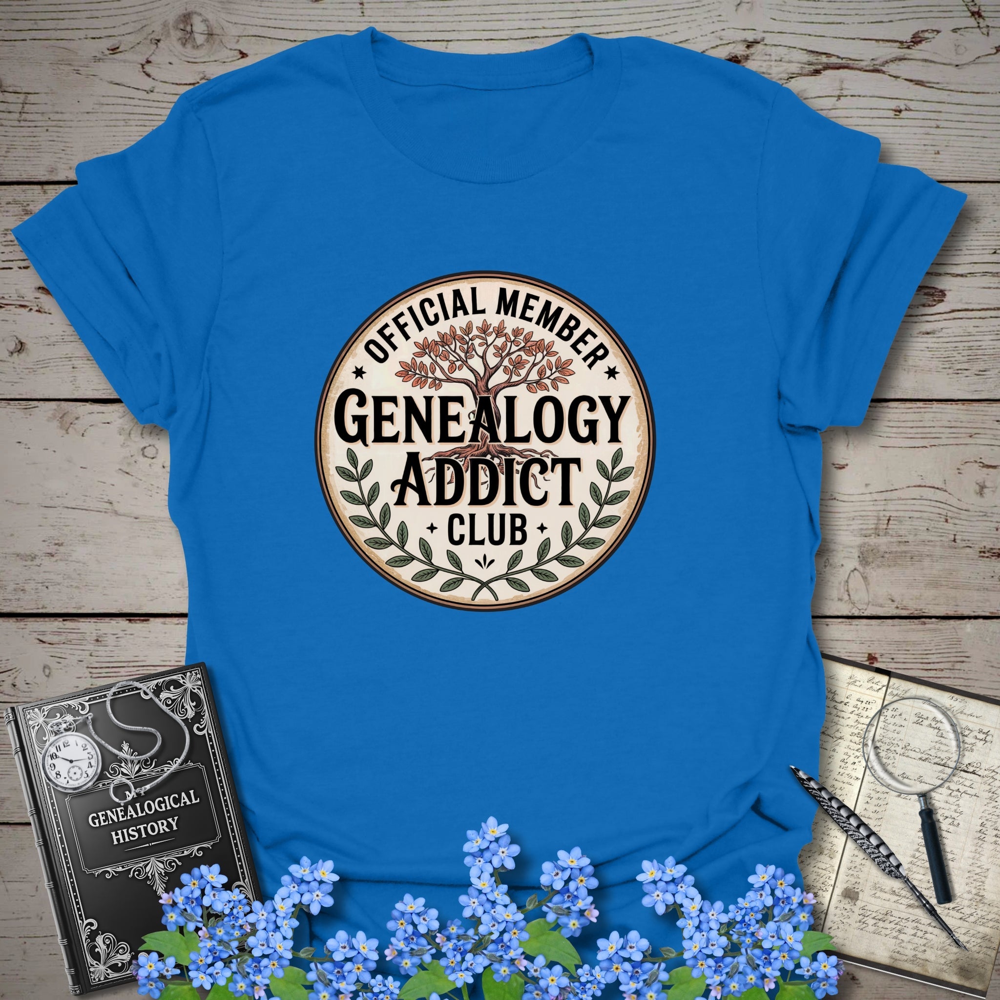 Official Member Genealogy Addict Club T-Shirt in Royal by Genealogy Keepsakes