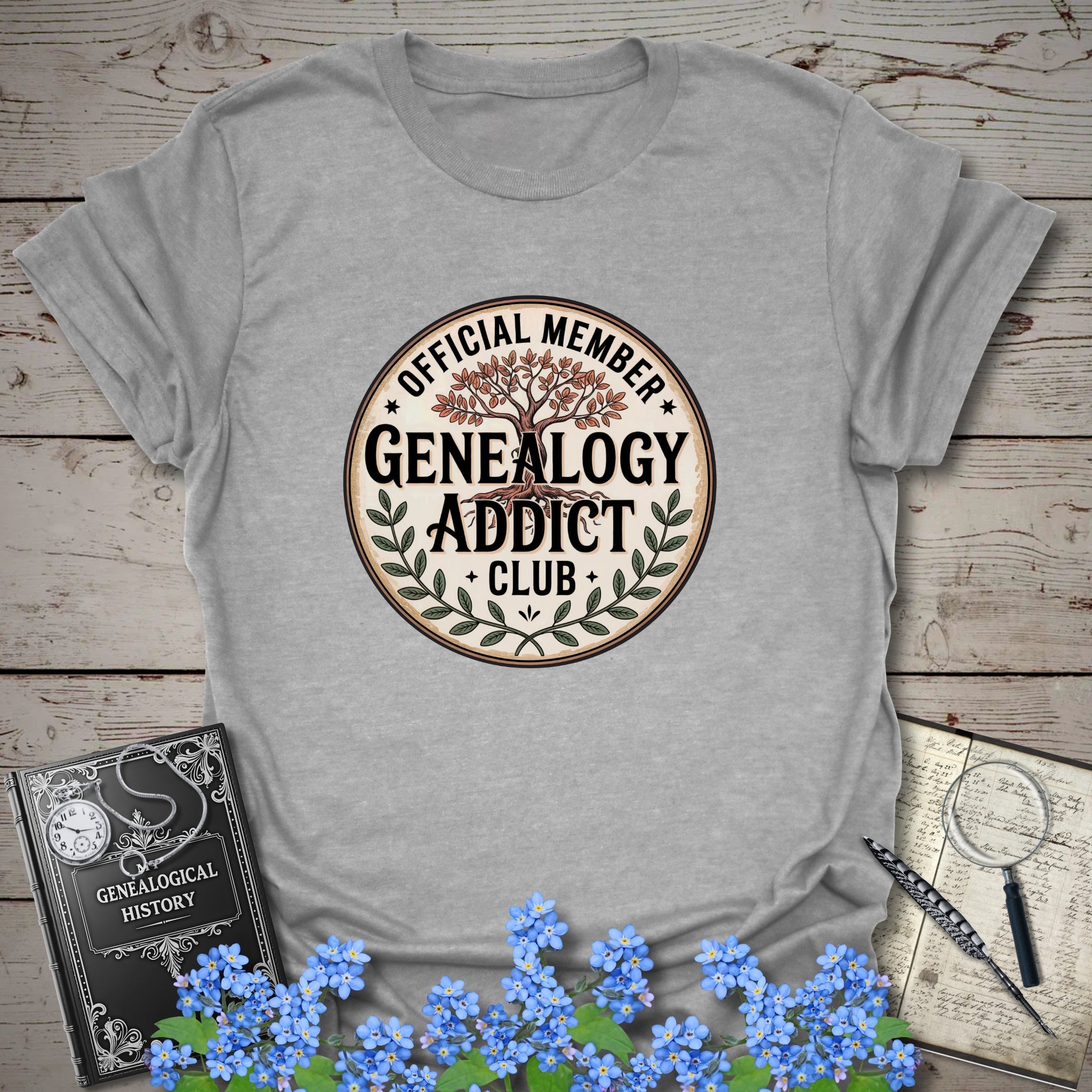 Official Member Genealogy Addict Club T-Shirt in Sport Grey by Genealogy Keepsakes