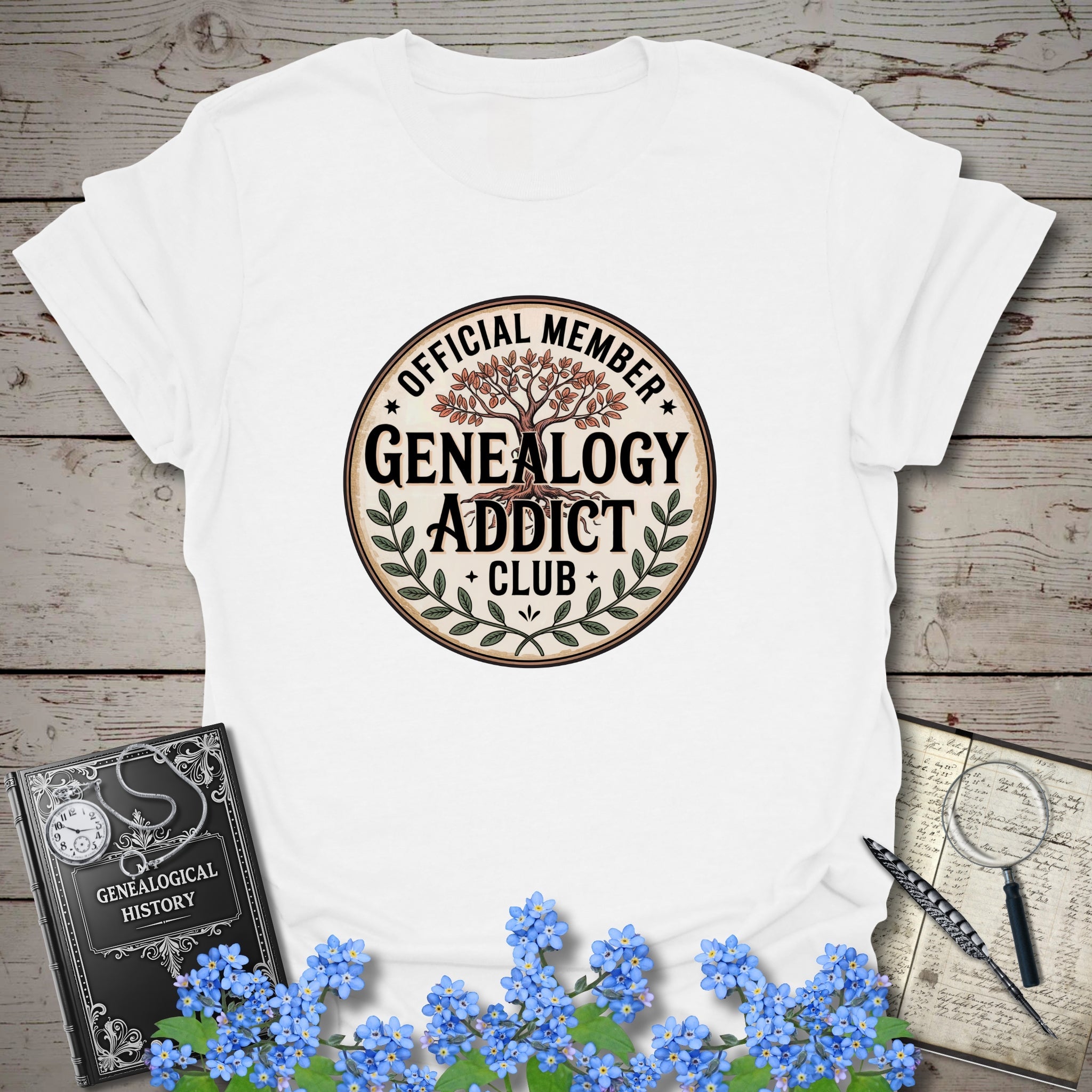Official Member Genealogy Addict Club T-Shirt in White by Genealogy Keepsakes