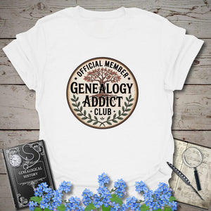 Official Member Genealogy Addict Club T-Shirt in White by Genealogy Keepsakes
