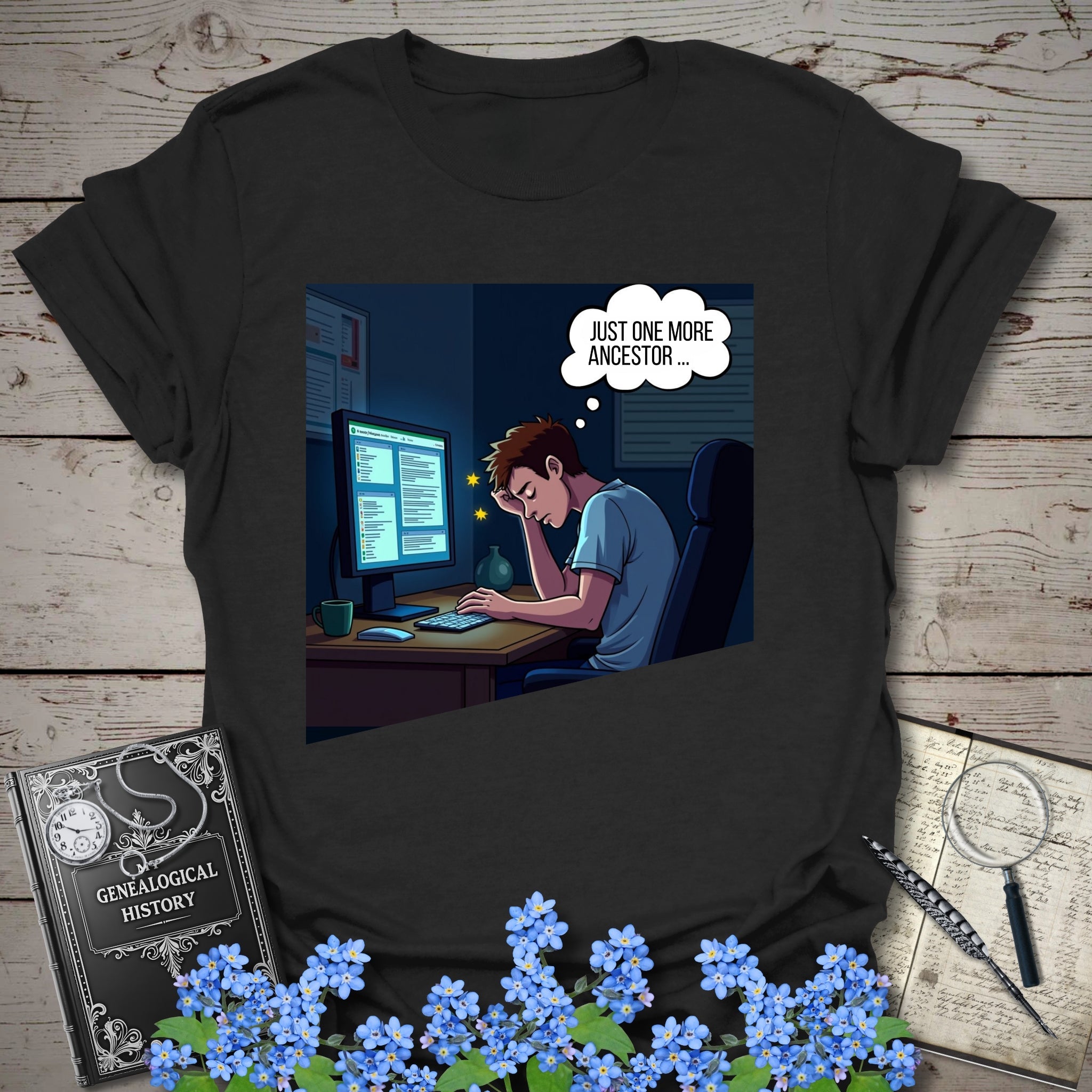 One More Ancestor T-Shirt in Black by Genealogy Keepsakes