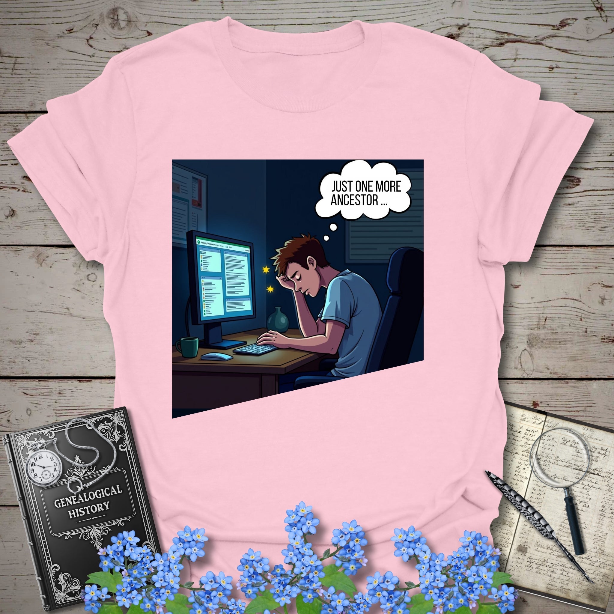 One More Ancestor T-Shirt in Light Pink by Genealogy Keepsakes