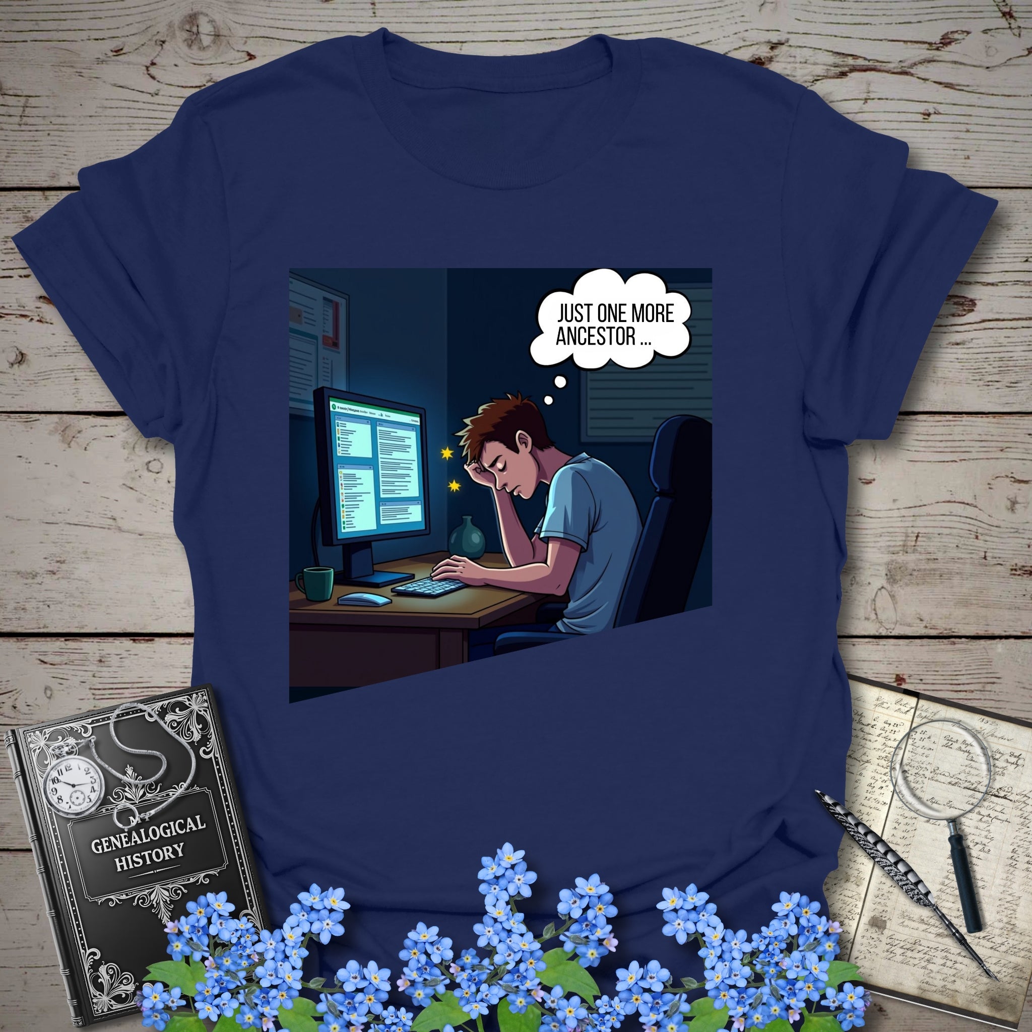 One More Ancestor T-Shirt in Navy by Genealogy Keepsakes