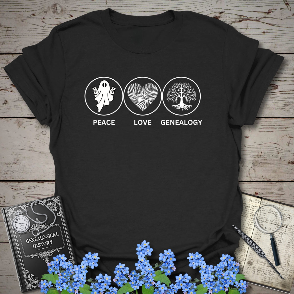 Peace, Love, Genealogy T-Shirt - Genealogy Keepsakes Custom Genealogy Gift - Black S