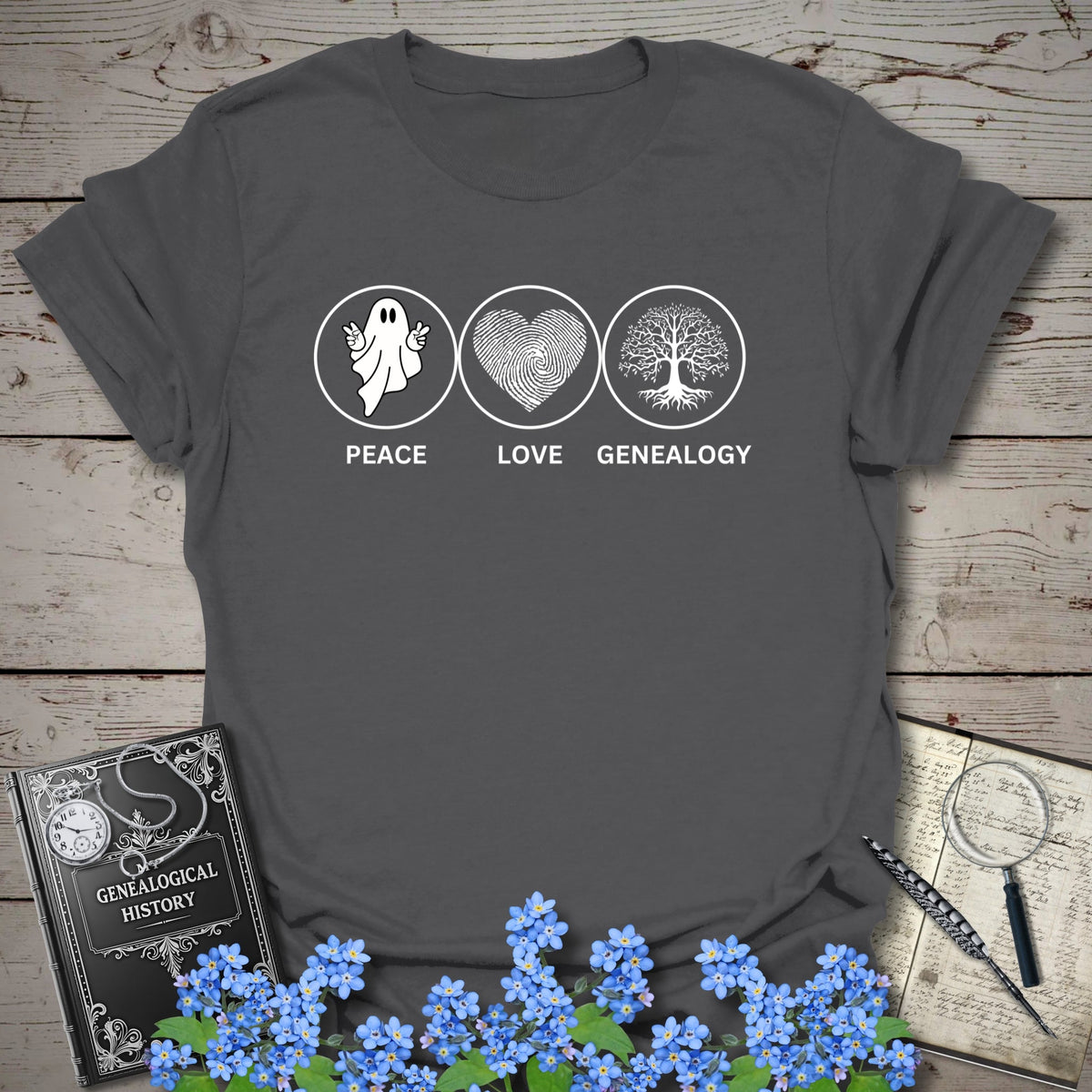 Peace, Love, Genealogy T-Shirt - Genealogy Keepsakes Custom Genealogy Gift - Charcoal S