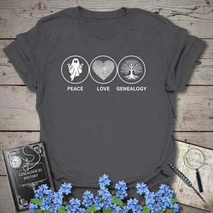 Peace, Love, Genealogy T-Shirt - Genealogy Keepsakes Custom Genealogy Gift - Charcoal S