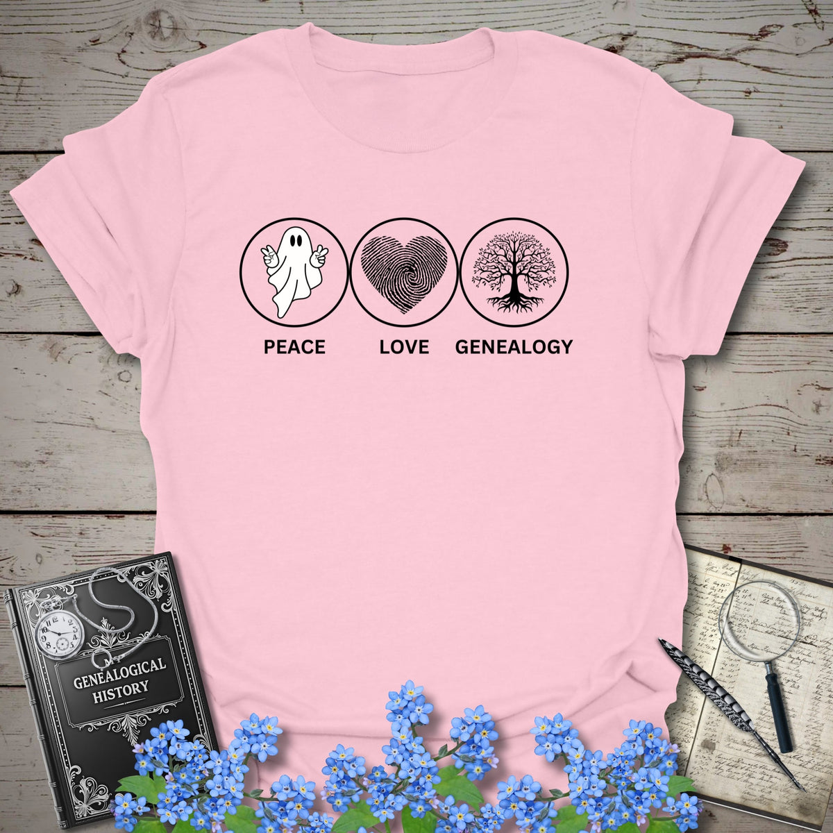 Peace, Love, Genealogy T-Shirt - Genealogy Keepsakes Custom Genealogy Gift - Light Pink S