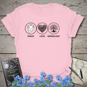 Peace, Love, Genealogy T-Shirt - Genealogy Keepsakes Custom Genealogy Gift - Light Pink S