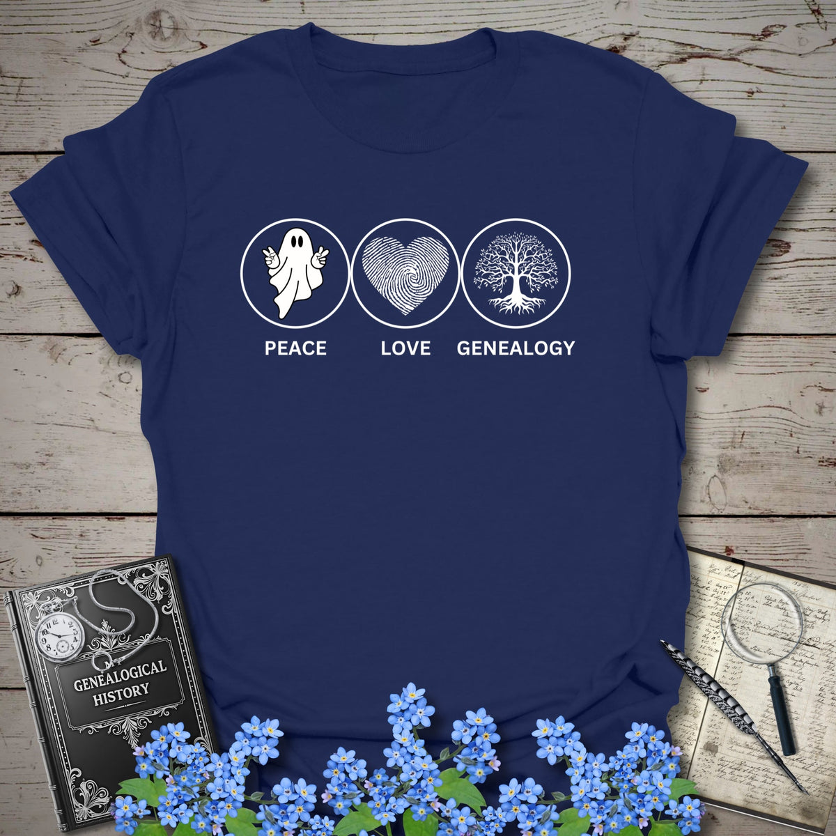 Peace, Love, Genealogy T-Shirt - Genealogy Keepsakes Custom Genealogy Gift - Navy S