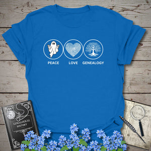 Peace, Love, Genealogy T-Shirt - Genealogy Keepsakes Custom Genealogy Gift - Royal S