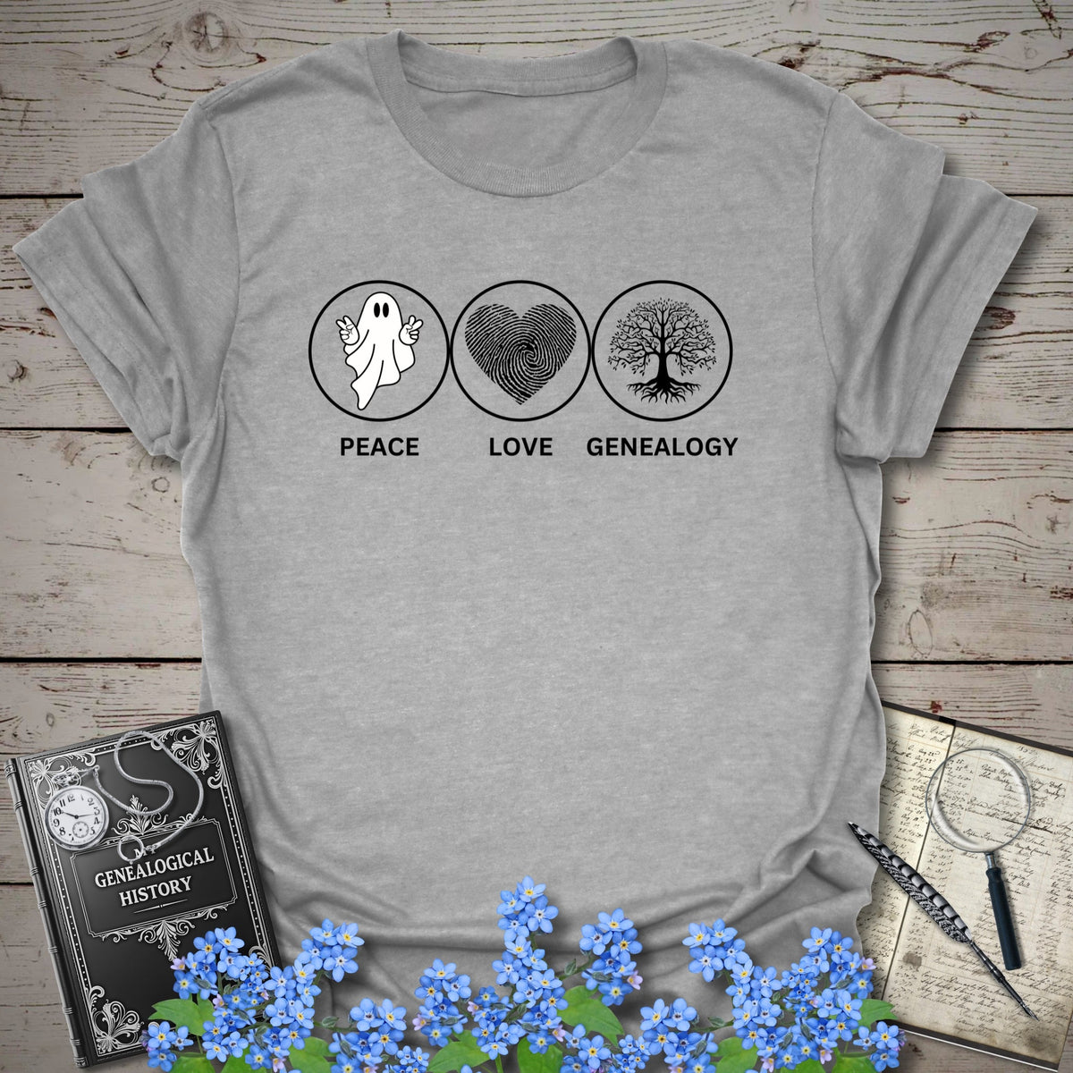 Peace, Love, Genealogy T-Shirt - Genealogy Keepsakes Custom Genealogy Gift - Sport Grey S