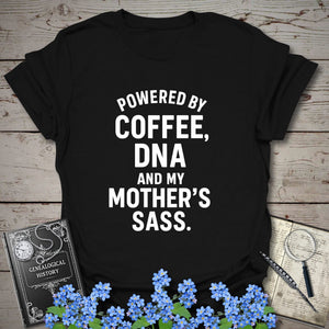 Powered By Coffee, DNA and Sass T-Shirt in Black by Genealogy Keepsakes