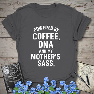 Powered By Coffee, DNA and Sass T-Shirt in Charcoal by Genealogy Keepsakes