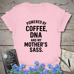Powered By Coffee, DNA and Sass T-Shirt in Light Pink by Genealogy Keepsakes