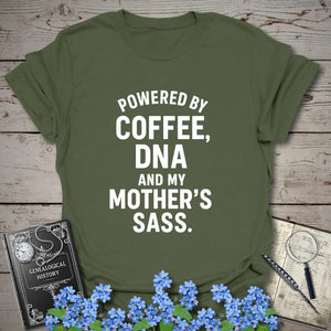 Powered By Coffee, DNA and Sass T-Shirt in Military Green by Genealogy Keepsakes