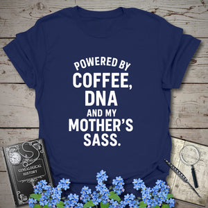 Powered By Coffee, DNA and Sass T-Shirt in Navy by Genealogy Keepsakes